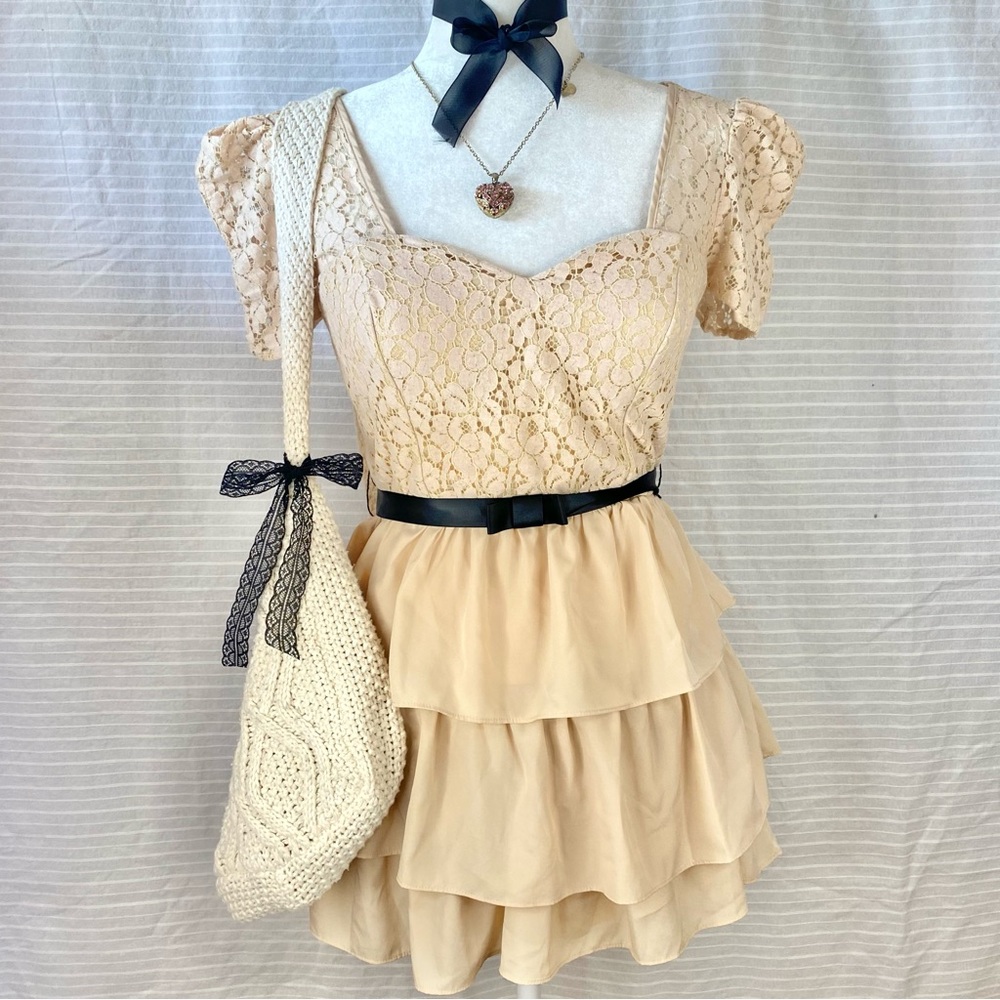 ♡ ruffle tiered lace dress with a tie back ribbon bow waist and puffy sleeves ♡